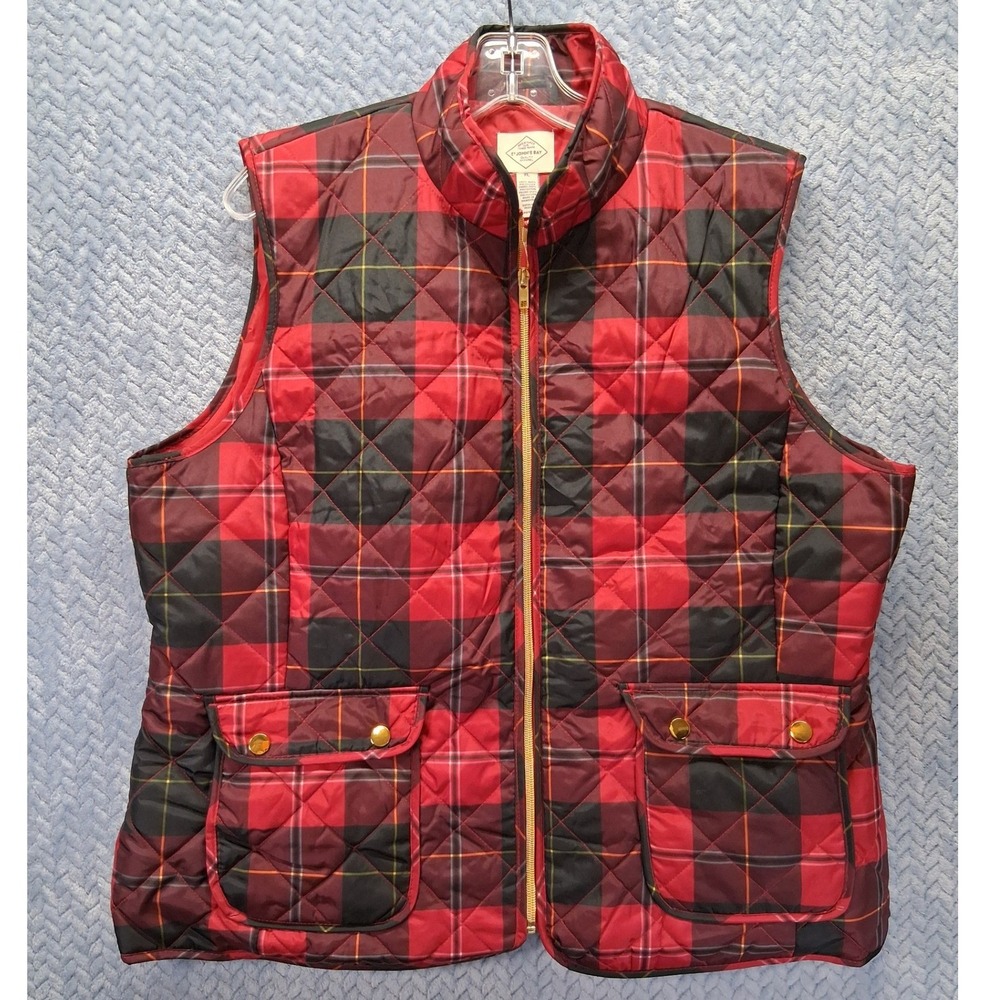 St. Johns Bay Red Plaid Quilted Puffer Vest Womens XL Full Zip Flap Pockets